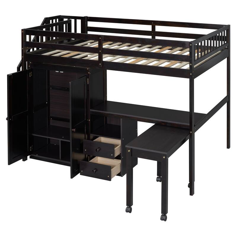 Space-Saving Loft Bed with Storage Stairs & Two Drawers, Wooden Full Bed Frmae wiht Shelves Wardrobe, Movable table & Side Desk