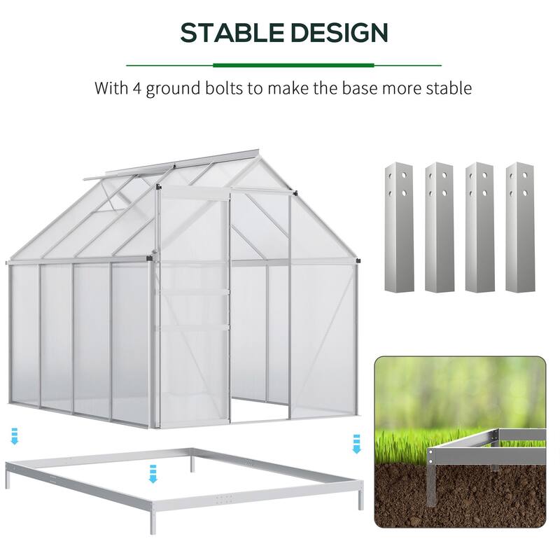 Outsunny Aluminum Greenhouse Polycarbonate Walk-in Garden Greenhouse Kit with Adjustable Roof Vent, Rain Gutter and Sliding Door