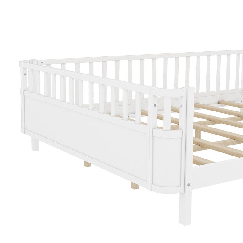 Multi Size Low Platform Bed for Kids with Rounded Corners Guardrails, Detachable Right-side Fence and Open Left-side Design