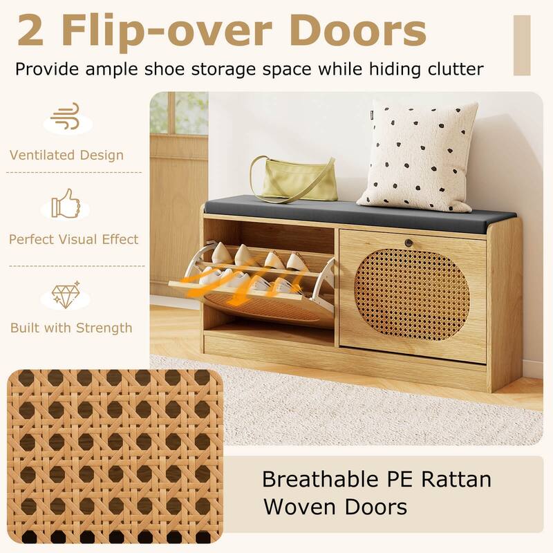 Costway Shoe Storage Bench with Cushion 2 Flip-over Doors & Adjustable - See Details