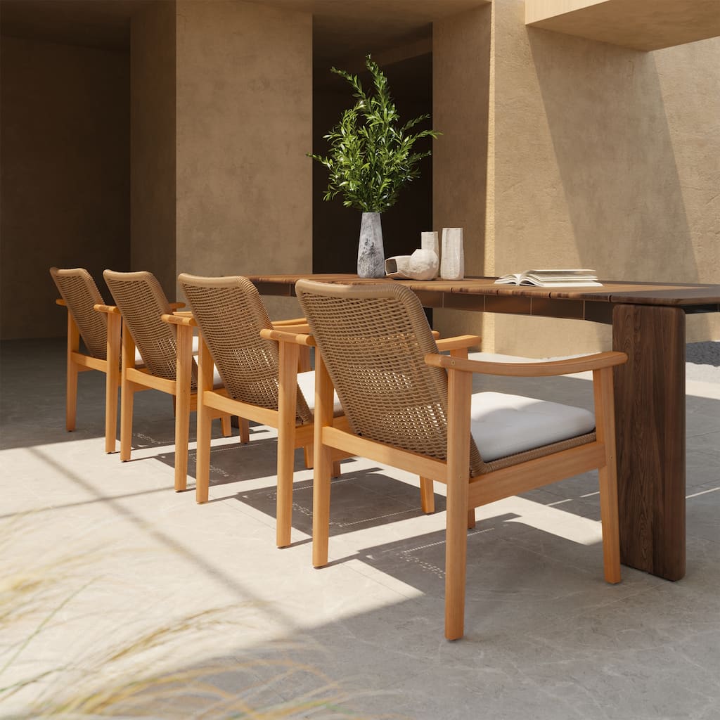 Outdoor Farmhouse Rattan Dining Chairs in Solid Acacia Wood Armchairs Weaving PE wicker Weather-resistant