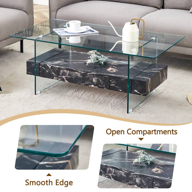 43.3 Inch Two-Tier Coffee Table-Clear Tempered Glass And Black Marble Texture,Multifunctional Storage Design,Includes A Drawer