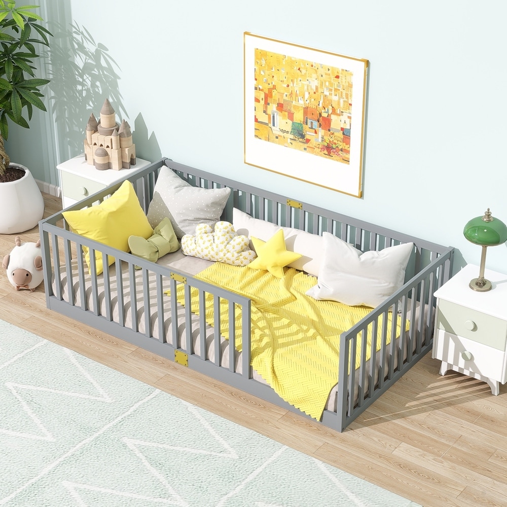 Rubber Wood Twin Size Floor Bed with High Fence Railings and 6 Slats without Door