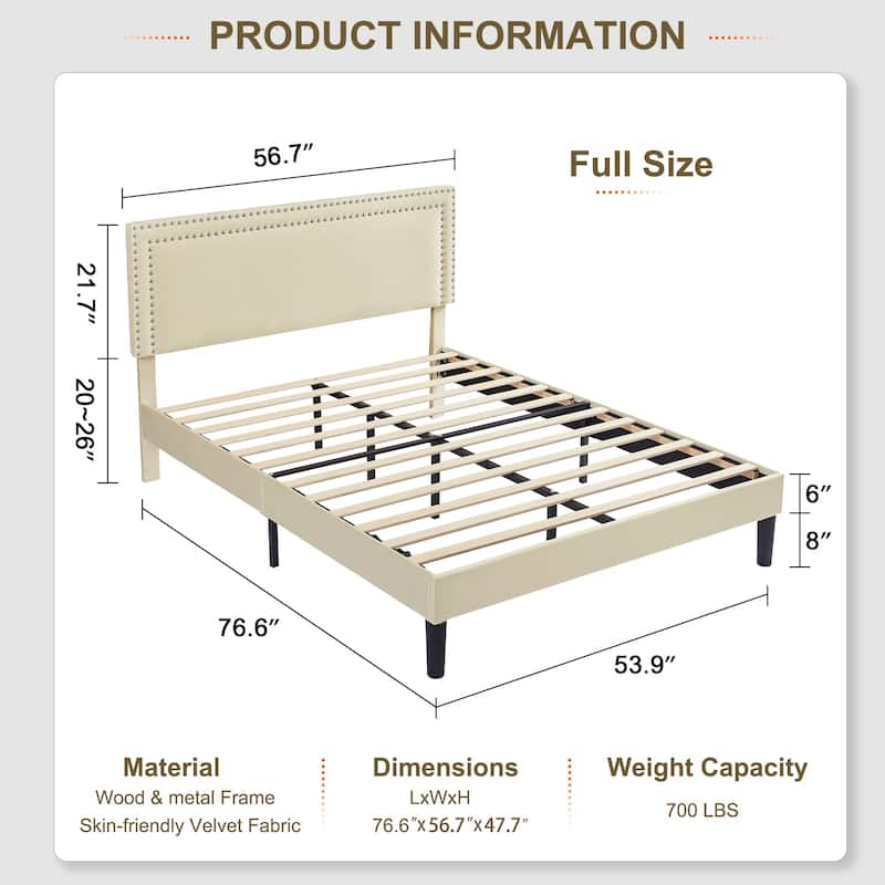 VECELO 3-Pieces Upholstered Platform Bed Frame with Adjustable Headboard and Nightstands Set of 2, Beige