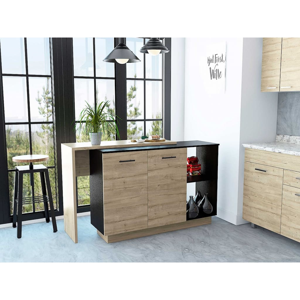 Black and Light Oak Contemporary Kitchen Island with Bar Table - 20" X 40" X 20"