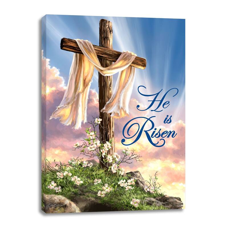 Blue Brown 'He Is Risen' Rectangular Canvas Wall Art Decor 14" x 10"
