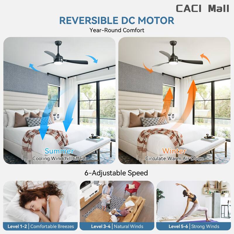 52/60 Inch Ceiling Fan with Integrated LED Light and Remote Control Quiet DC Motor