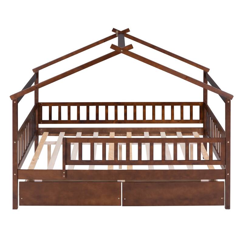 Full Size Wooden House Bed with Two Drawers and Solid Pine Frame