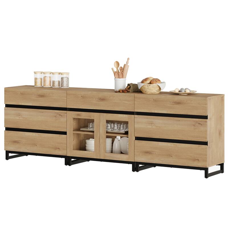 WAMPAT 3 in 1 Dresser with Glass Doors and 7 Drawers, Modern Chest of Drawers with Adjustable Shelf and Metal Base for Bedroom