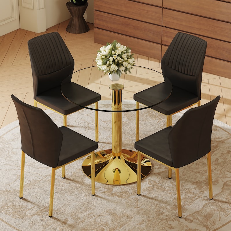 Modern 5-Piece Round Dining Table Set, Compact Dining Table & Chair Set for 4 with 35" Glass Table and 4 Upholstered Chairs