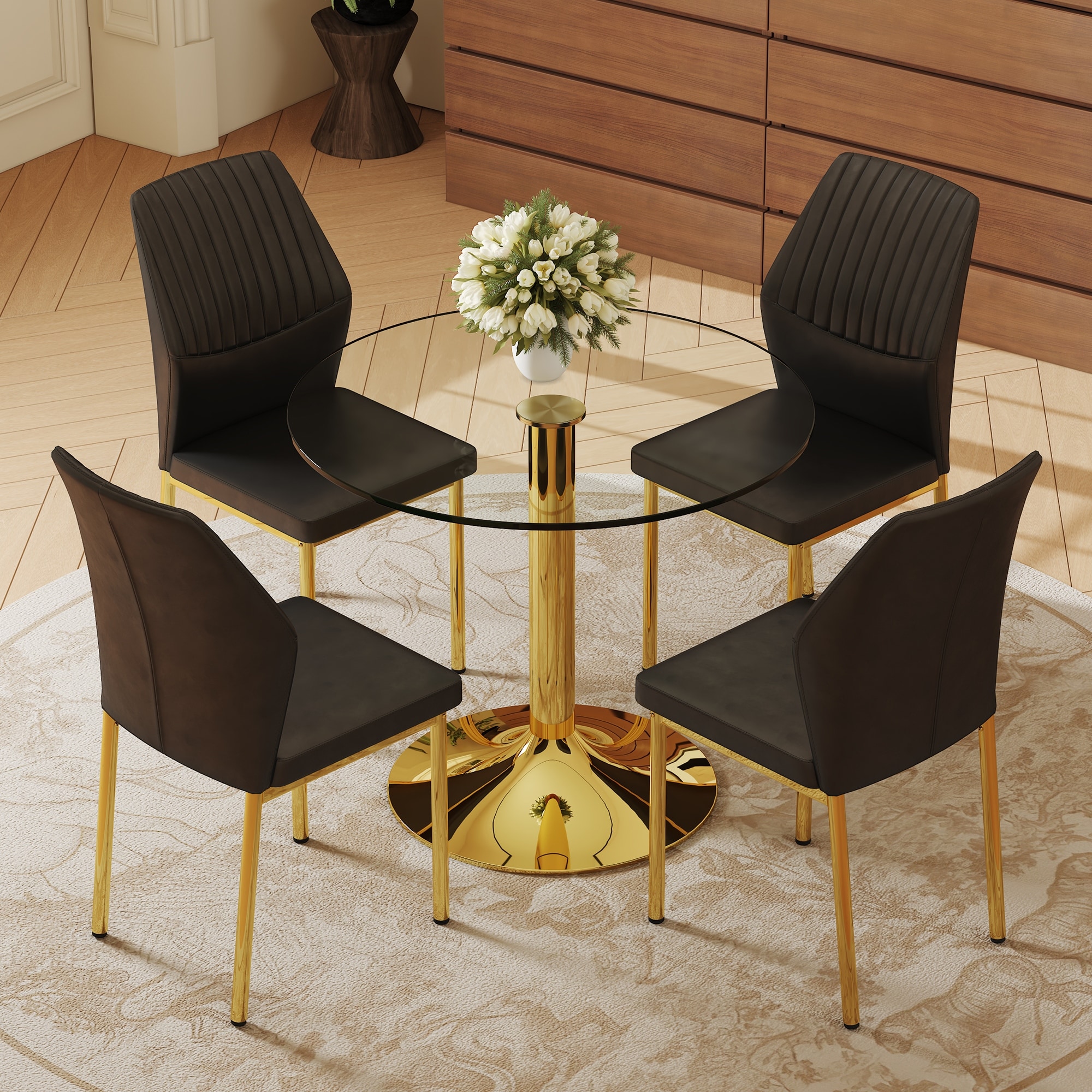 Transparent Tempered Glass Round Dining Table With Gold Metal Base And 4 Black PU Dining Chairs