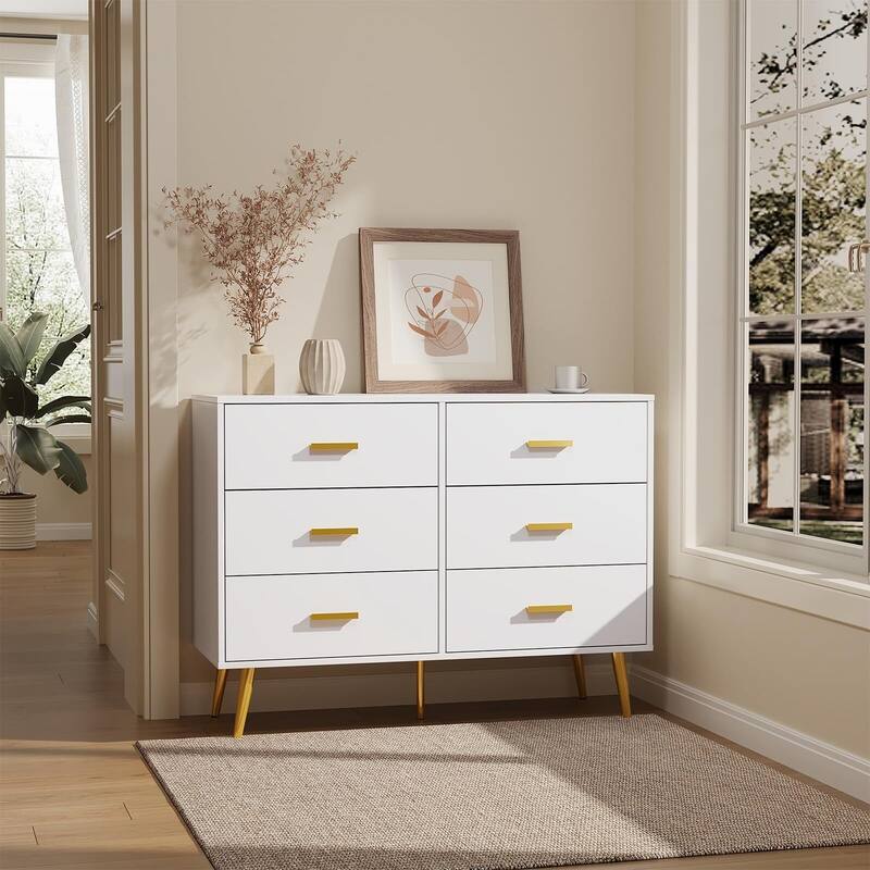 Modern 6 Drawer Dresser in White and Black, Featuring Gold Handles, Wide Wooden Drawers for Bedroom