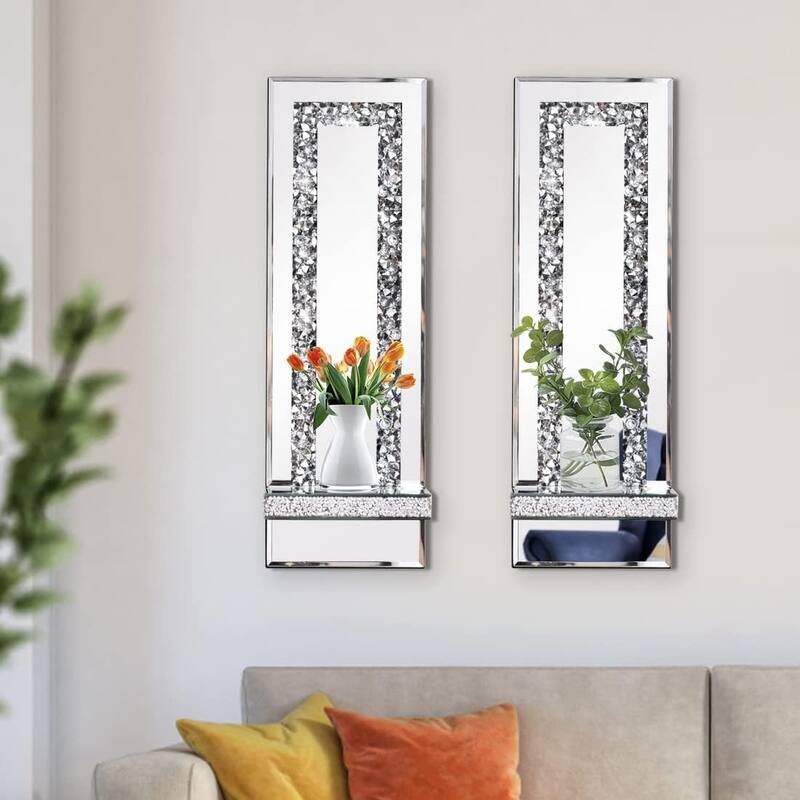 Set of 2 candle light silver wall light wood, mirror & glass decor light