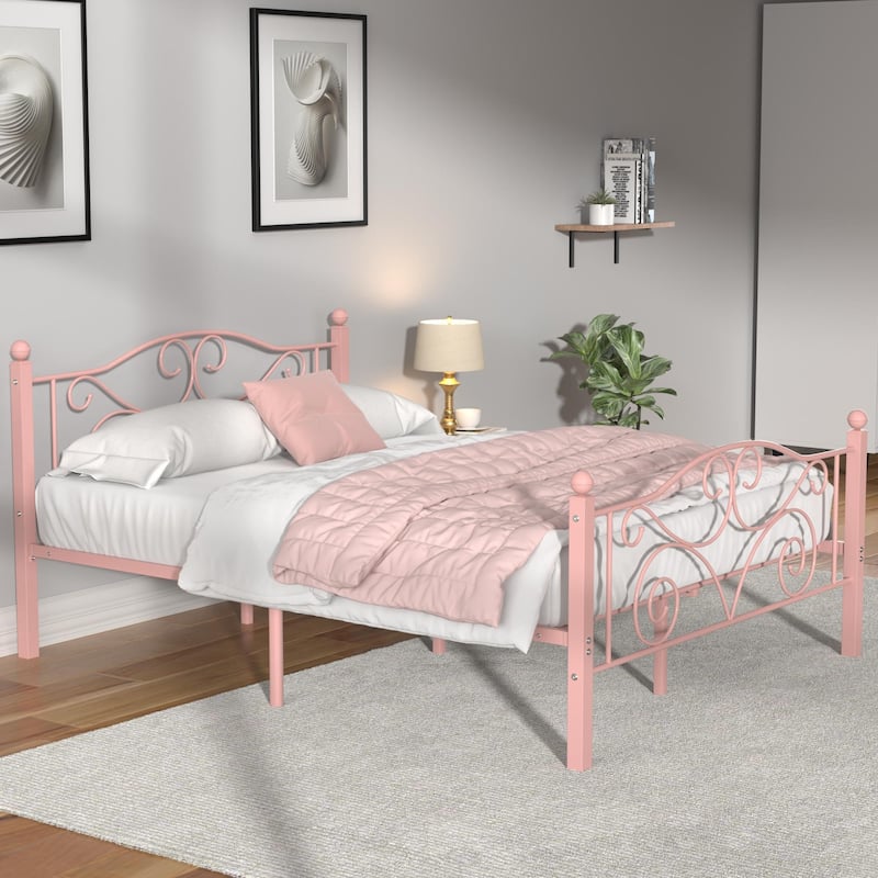 VECELO Metal Platform Bed Frame with Roman Column Floral Scrollwork Headboard No Box Spring Needed Twin/Full/Queen Size