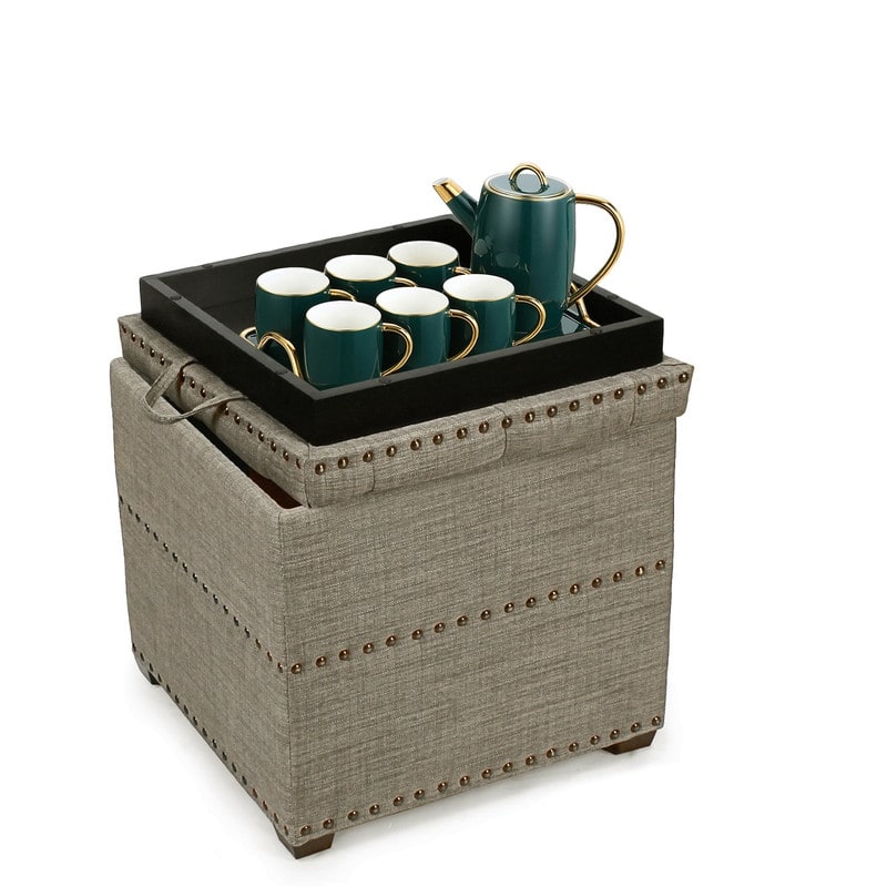 Adeco Fabric Square Ottoman with Tray