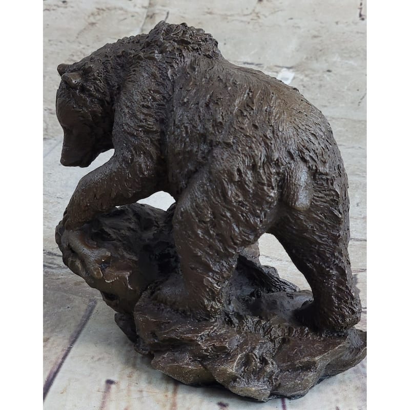 Original Burly Black Bear With His Fish Dinner Bronze Sculpture Statue Figurine