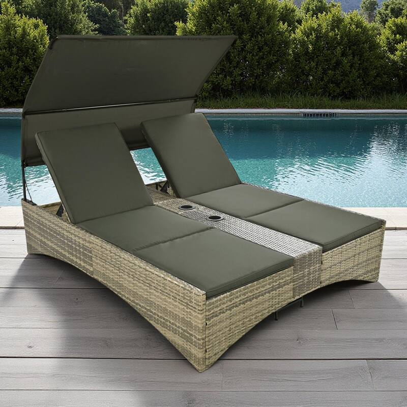 Outdoor Patio Rattan Daybed Sunbed with Canopy and Adjustable Backrest, Storage Box and 2 Cup Holders - Grey