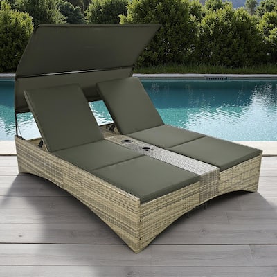 Outdoor Patio Rattan Daybed Sunbed with Canopy and Adjustable Backrest, Storage Box and 2 Cup Holders