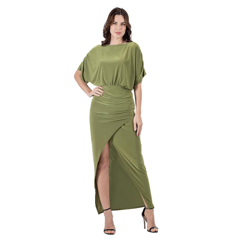 24seven Comfort Apparel Womens Boat Neck Batwing Sleeve Slit Maxi Dress - Green - 1X