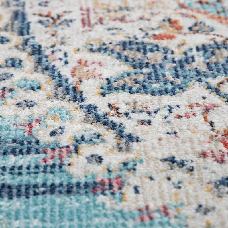 In & Outdoor Area Rug for Patio Oriental Pattern In Blue Grey and Pink