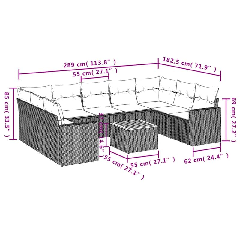 vidaXL 10 Piece Patio Sofa Set with Cushions Black Poly Rattan - 24.4" x 24.4" x 27.2"