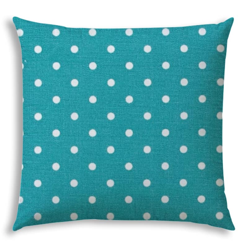 20" Turquoise and White Polka Dot Indoor Outdoor Throw Pillow Cover - 20" X 20"