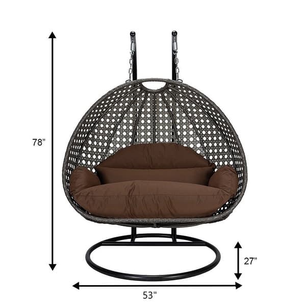 dimension image slide 9 of 16, LeisureMod 2-Person Double Egg Swing Chair - Charcoal Wicker with Metal Stand & Plush Cushions - Modern Outdoor Patio Lounger