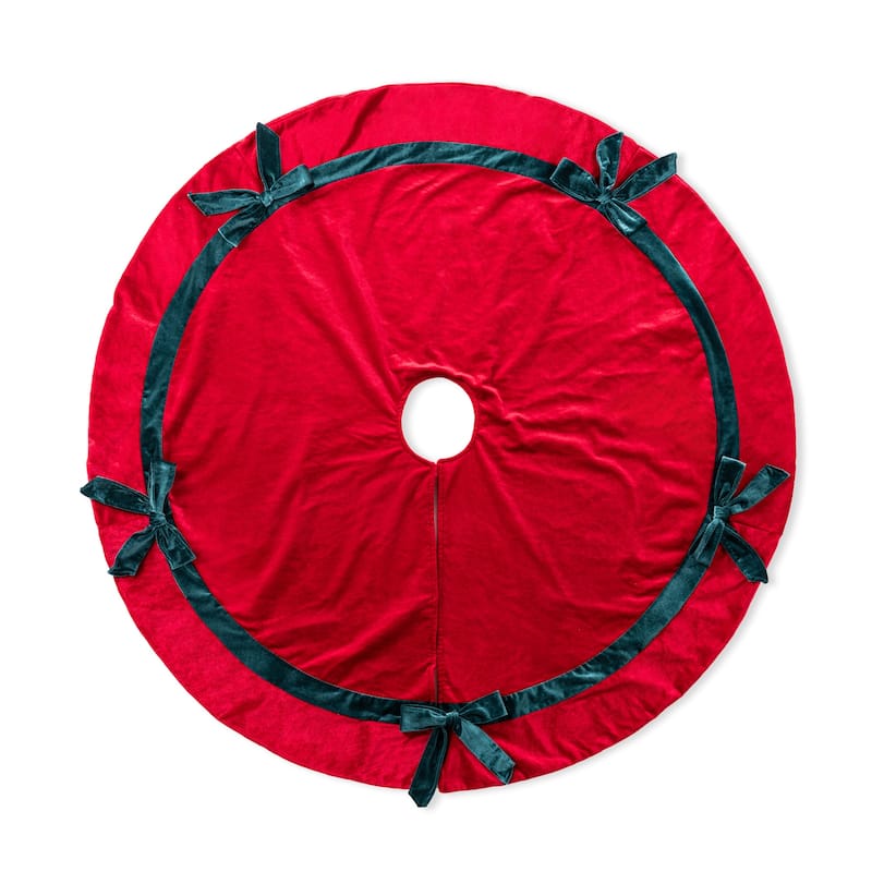 Glitzhome 48"D Red Velvet Christmas Tree Skirt with Bows - 48" D