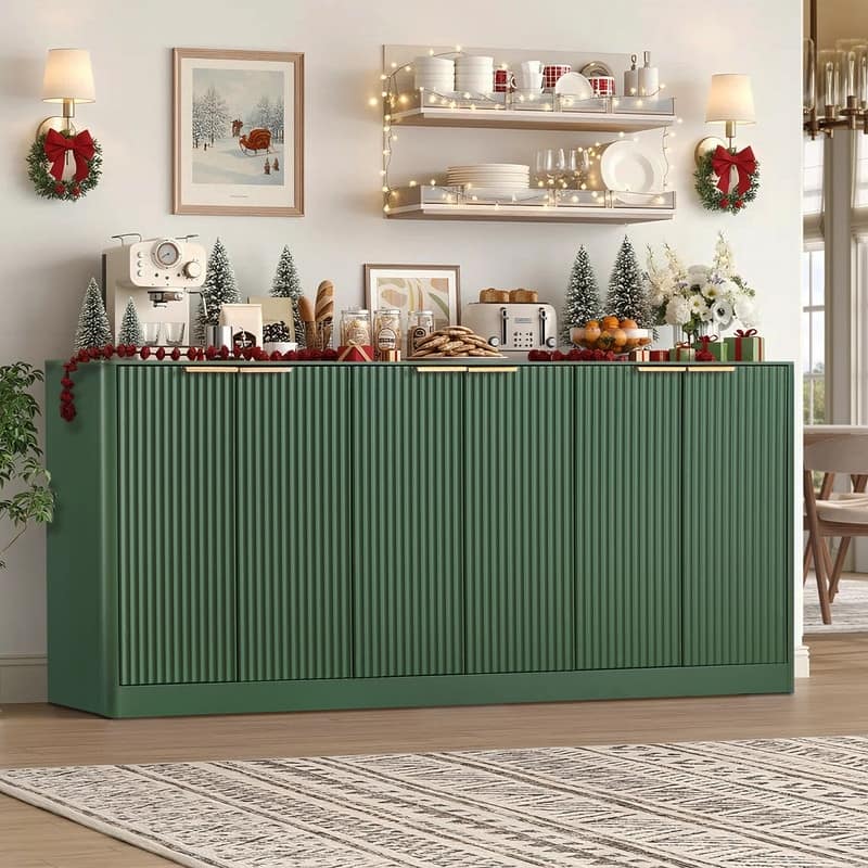 Modern 67" Fluted Buffet Sideboard Cabinet with Shelves, TV Stand Storage Cabinet with 4 Wave Doors for Organized Living Spaces