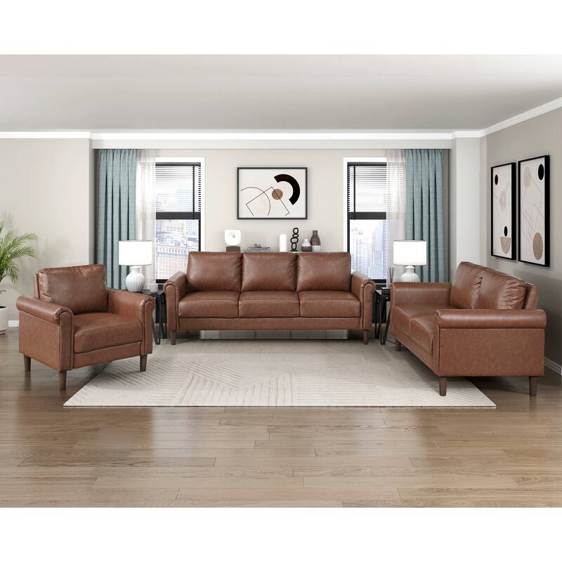 Fremont & Park Frances Faux Leather 3-Piece Living Room Set - Brown Finish Feet