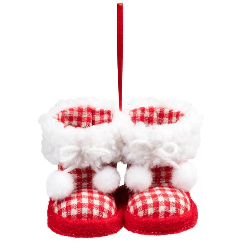 Checkered Baby Boots with Pom Poms Christmas Ornament - 4" - White and Red