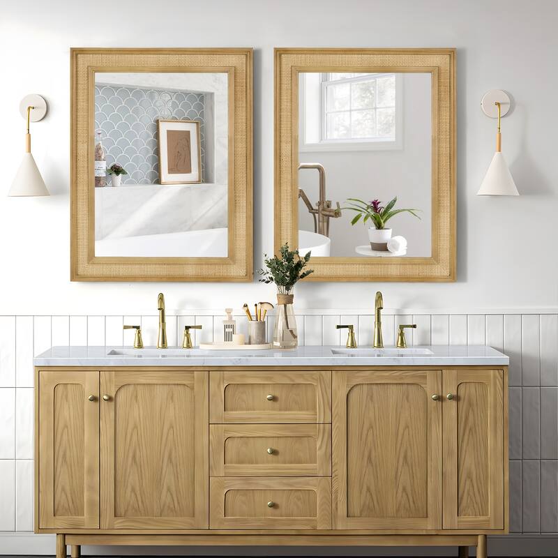 WallBeyond Wooden Framed Rattan Farmhouse Style Rectangle Wall Mirror