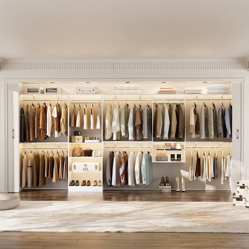 154'' Closet System with 8 Hanging Rods & 6 Shelf Towers, Adjustable Walk-in Closet Organizer, Load 1400 lbs, Cut to Fit - White