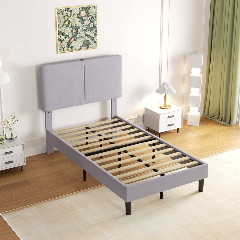 VECELO Adjustable Upholstered Split Headboard Bed Frame with Charging Station USB Port Type C No Box Spring Needed Noiseless Bed