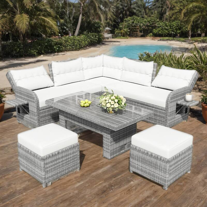 Outdoor Conversation Set with Adjustable Table, Recliners, 2 Ottomans