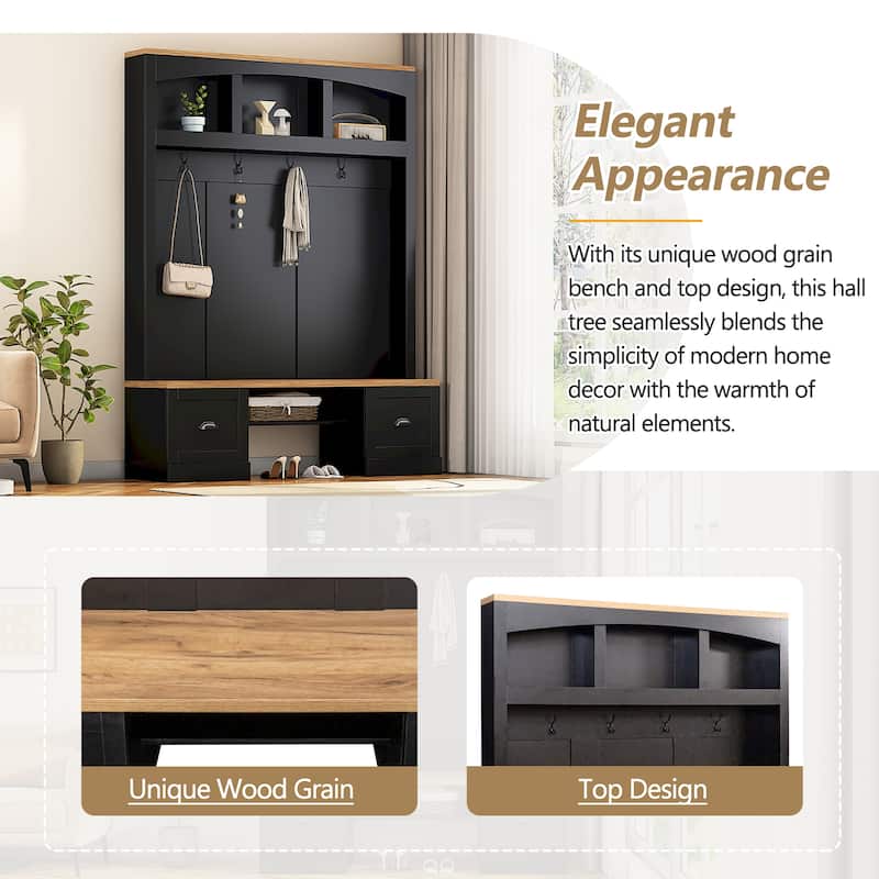 55.1 in Wide Farmhouse Hall Tree, Wood Grain Bench & Top, 4-in-1 Entryway Coat Rack with Adjustable Shelves