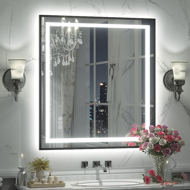 Black Metal Framed LED Front Light and Backlit Anti-Fog Wall Bathroom/ Vanity Mirror - 32" x 28"-Square Corner - Black