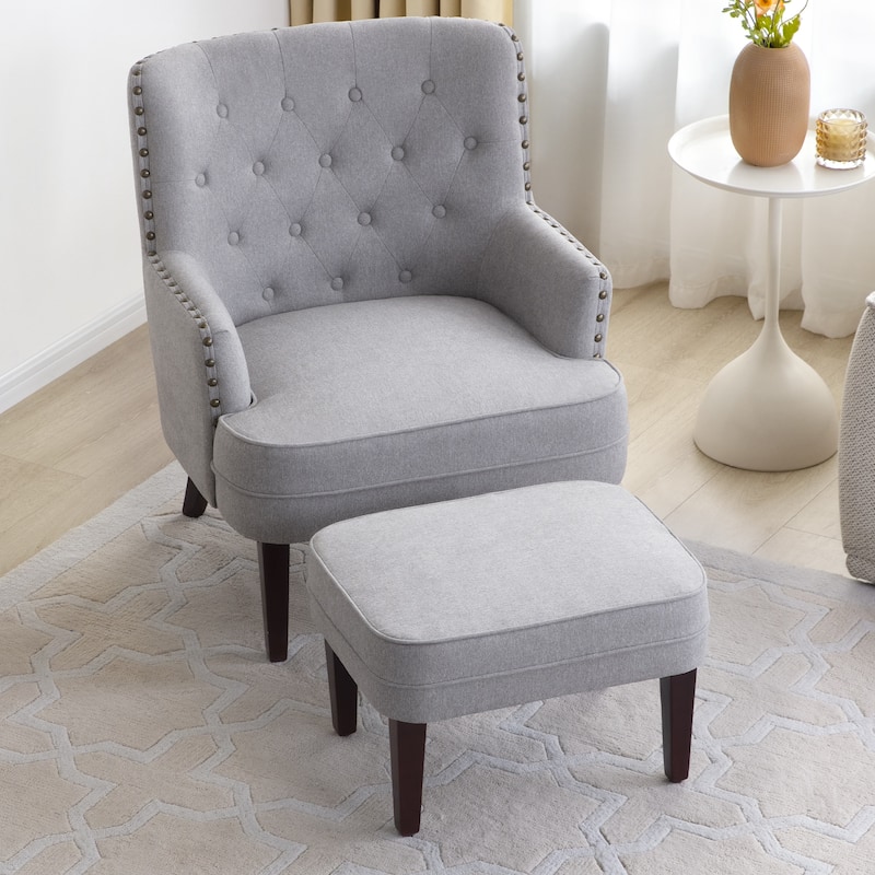 Club Chair Upholstered Button Tufted Accent Chair with Ottoman and Pillow