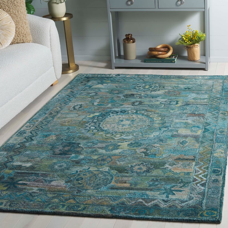 SAFAVIEH Handmade Anatolia Piedad Traditional Rug - 5' Square - Aqua/Green
