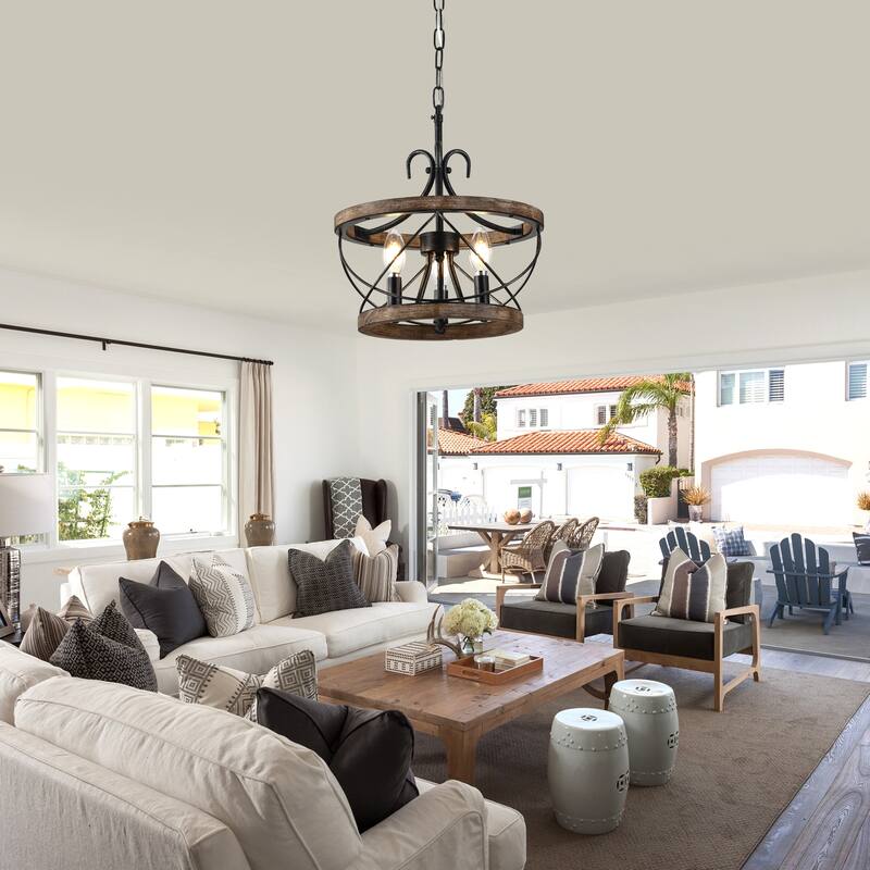 Bella Depot 5-Light Rustic Cage Wood Chandelier Dimmable Lighting, 15.7" Adjustable Farmhouse Pendant Light for Kitchen Island