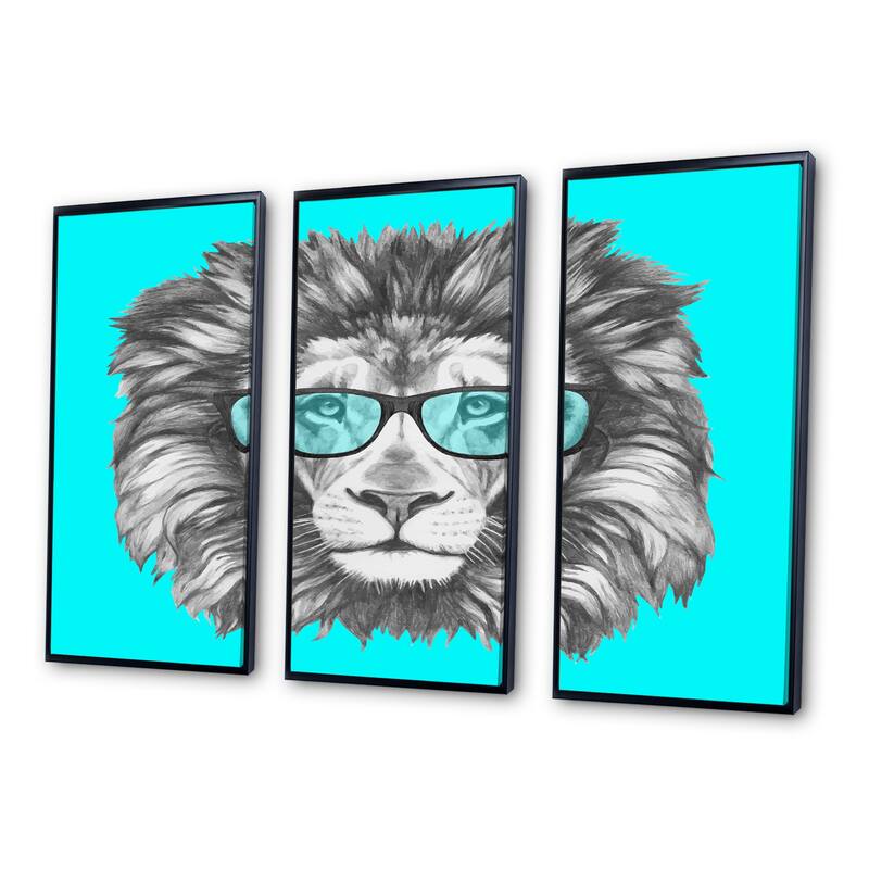 Designart "Funny Lion with Blue Glasses" Animal Framed Canvas Wall Art Print Set of 3 4 Colors