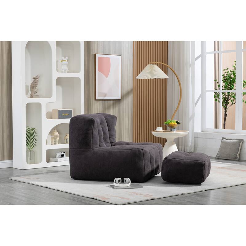 Fluffy Bean Bag Chair Lazy Bean Bag Sofa Chair for Adults and Children, Lounge Chairs with Memory Foam and Ottoman, Black