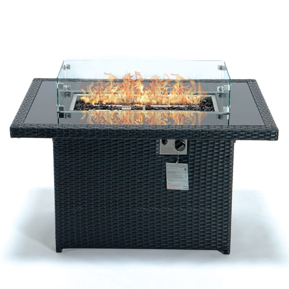 LeisureMod 44" Outdoor Fire Pit Table with 55,00 BTU - Rectangular Wicker Rattan Table for Lounge Porch Backyard Patio Decor