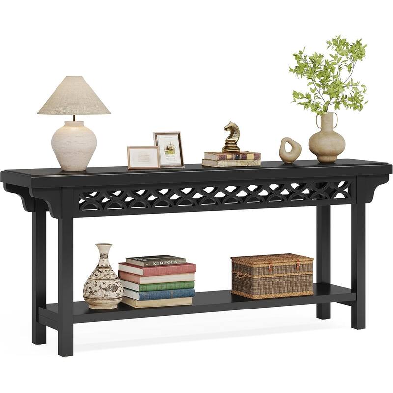 Farmhouse Console Table 71 Inch Solid Wood Sofa Table Hallway Entryway Accent Table with Adjustable Foot Pads - Black