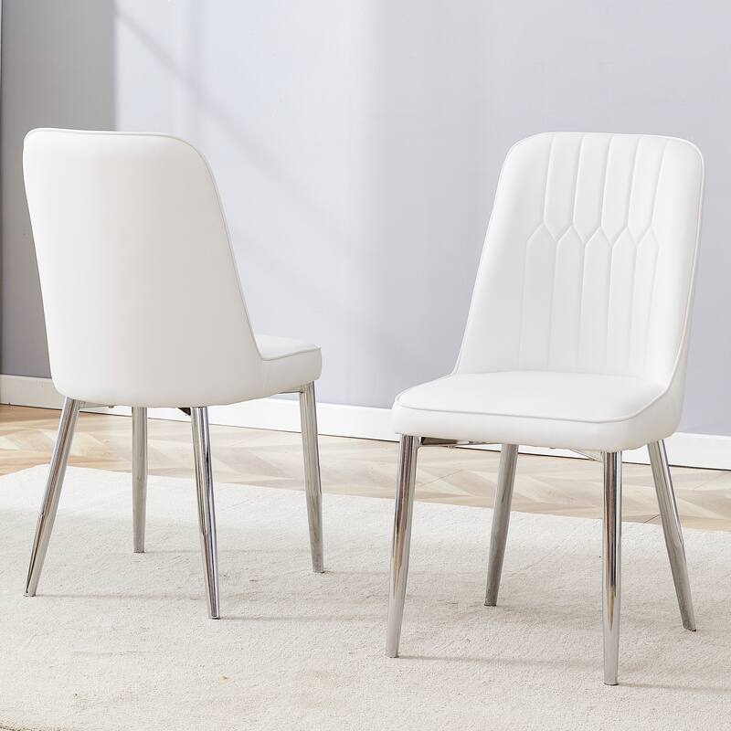 2 modern dining chairs, smooth PU leather backrest and silver-toned metal legs for a comfortable home experience