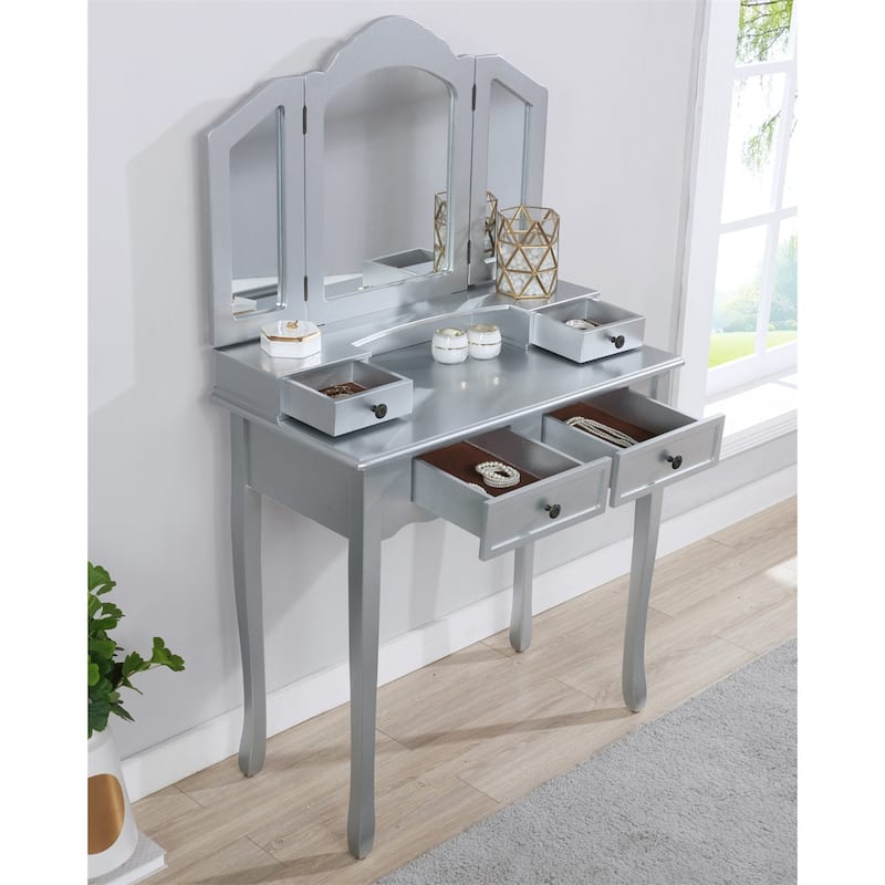 Wooden Vanity Make Up Table and Stool Set - Silver