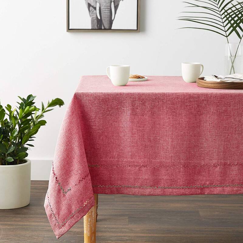Violet Linen Hem Stitch Border Vintage Pattern Tablecloth - 68" X 120" - Red