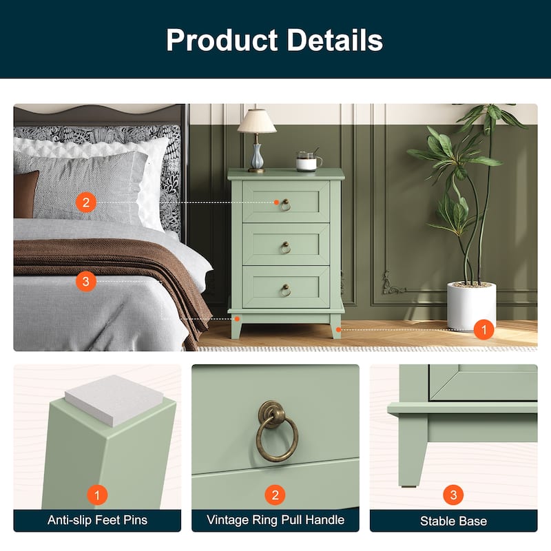 Modern 3-Drawer Wooden Nightstand, Tall & Narrow