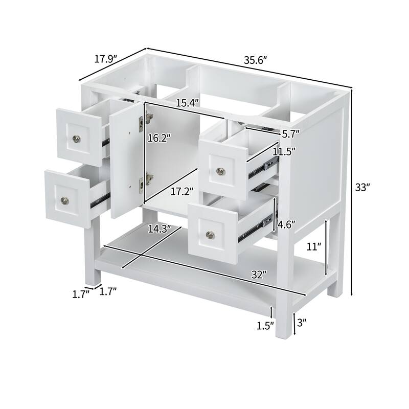 Painted Bathroom Vanity Cabinet with Drawers, Shelves, and Silver Knobs - 35.6"x17.9"x33" - 35.6in L