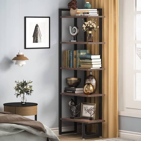 5-Tier Corner Shelf, Wood Wall Corner Bookshelf with Anti-Slip Pad - 11.9"D x 20.5"W x 59.5"H